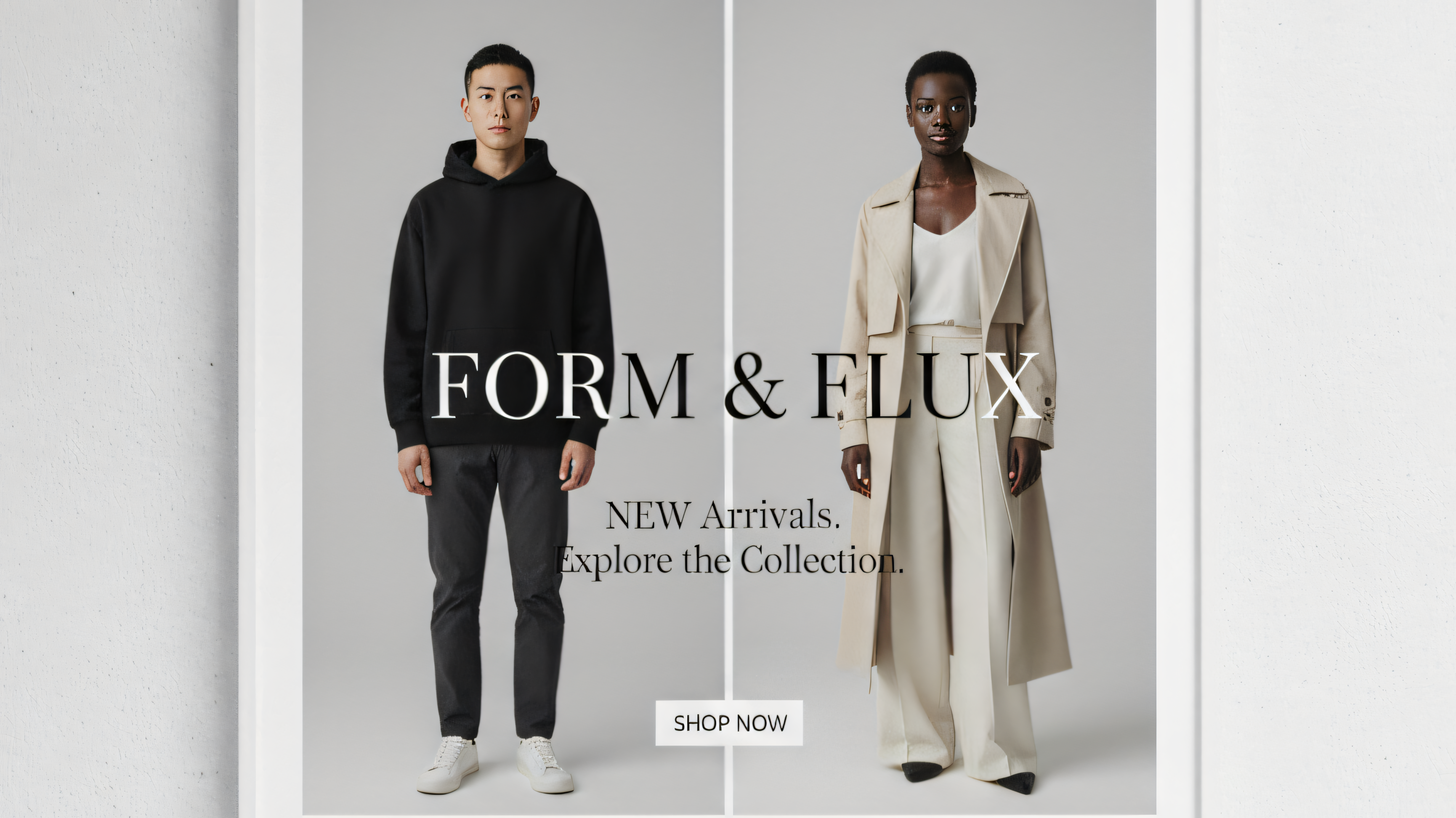 Two people wearing clothing with 'Form & Flux' branding and text about new arrivals.
